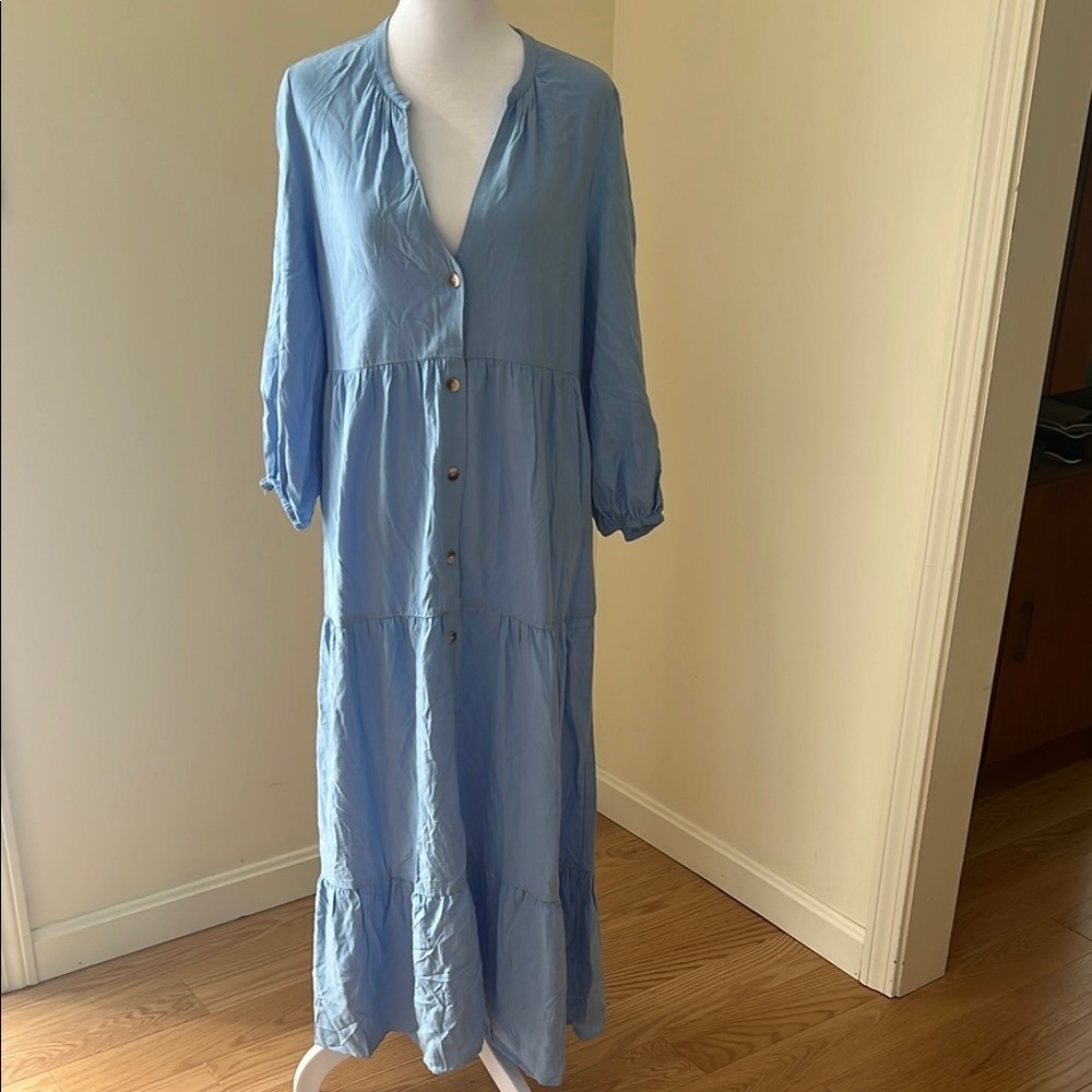 Zara XS blue button down tiered linen blend midi dress.